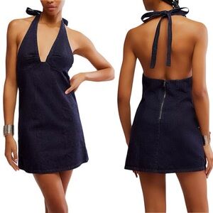 FREE PEOPLE Halter Mini Dress Trevi Black Denim Sleeveless Plunging Halter NWT